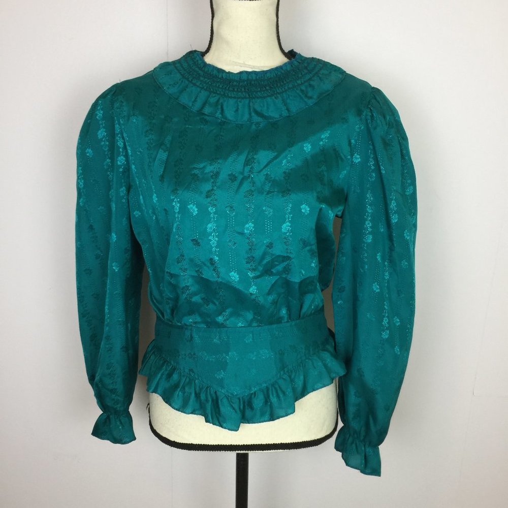 VINTAGE Eber San Francisco Blouse Shirt Size L Womens Teal Floral Long Sleeve